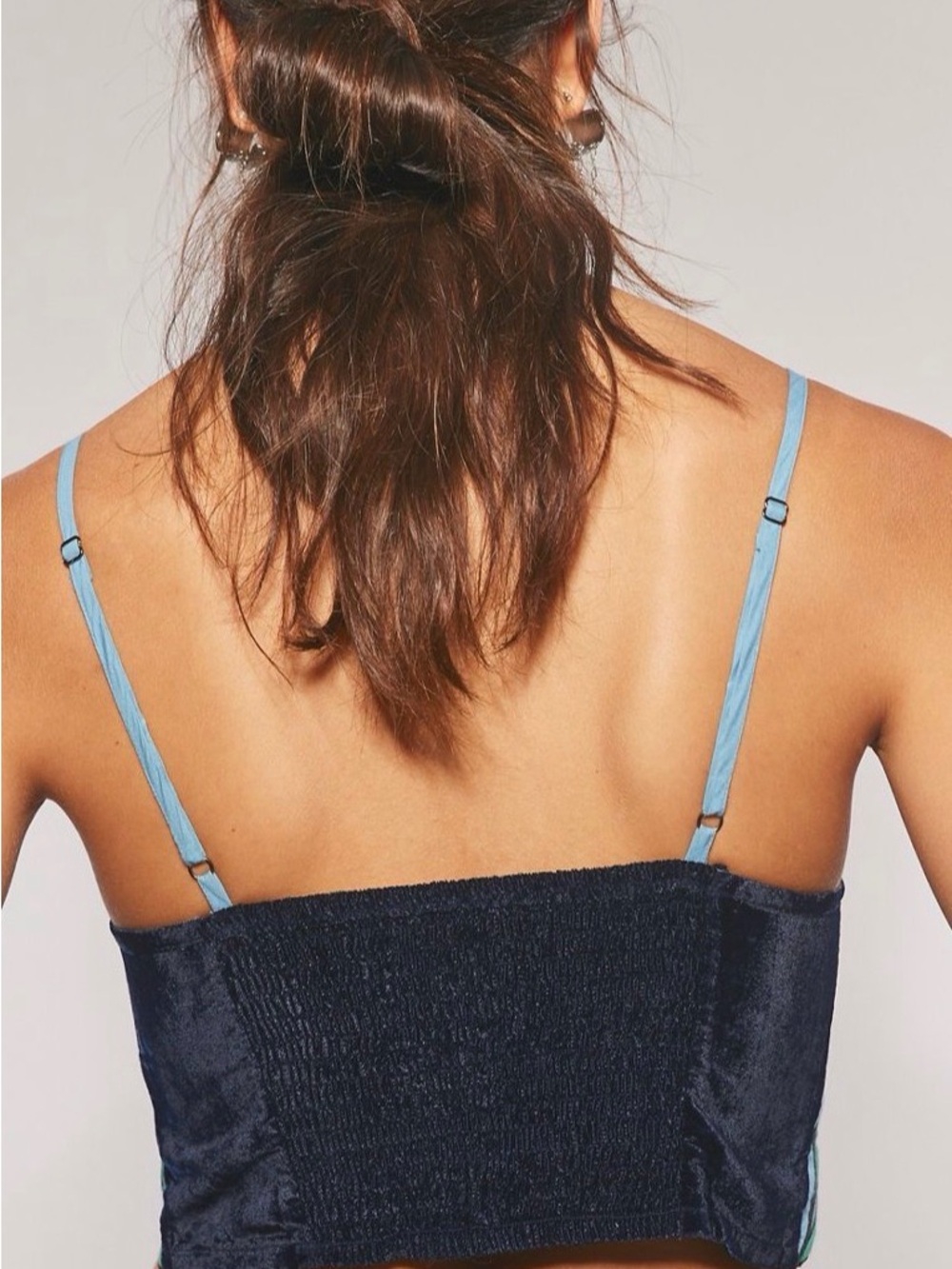 Free People Embroidered Floral Cropped Velvet Lotus Appliqué Top in Navy & Mint - Picture 4 of 6